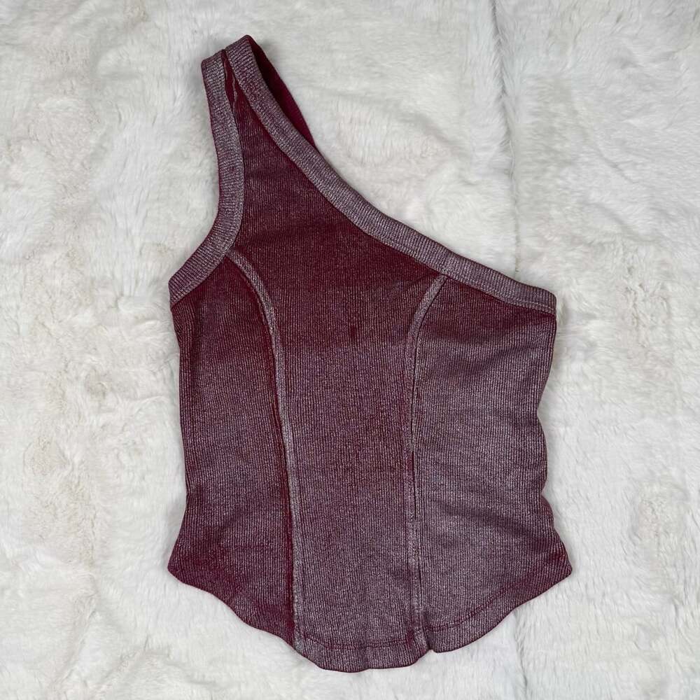 Silence + Noise Kesha Foil Ribbed Knit One Shoulder Top